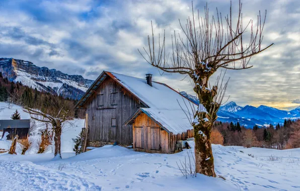 Картинка снег, горы, Франция, домик, Савойя