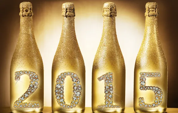 Новый Год, бутылки, golden, шампанское, New Year, Happy, champagne, 2015