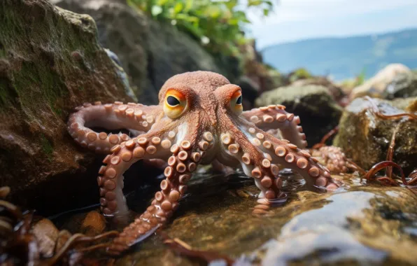Море, взгляд, камни, берег, осьминог, щупальца, ИИ-арт, нейросеть