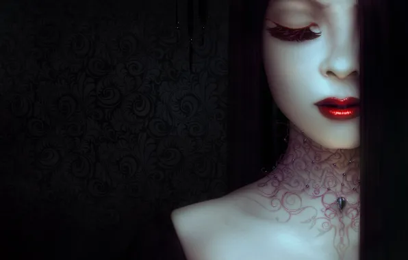 Девушка, Минимализм, Губы, Стиль, Лицо, Girl, Брюнетка, Fantasy