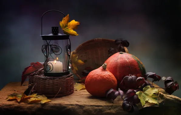 Картинка осень, листья, свеча, тыква