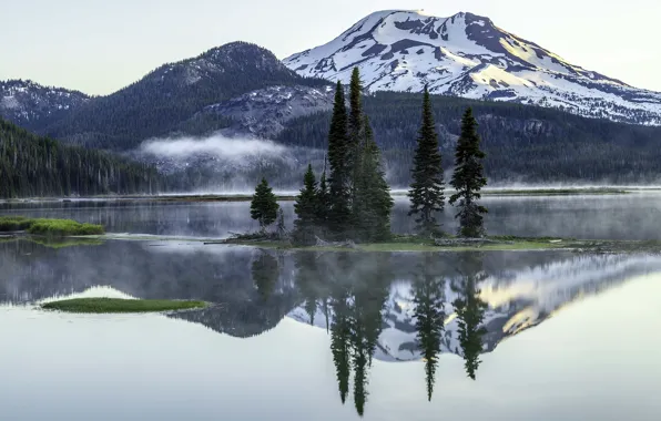 Картинка горы, туман, Озеро, Oregon, Sparks Lake