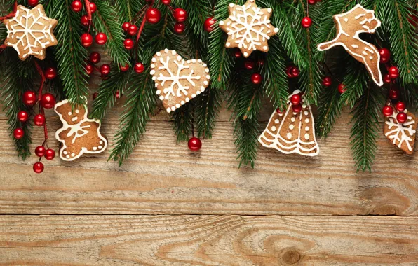 Ягоды, елка, Новый Год, печенье, Рождество, happy, Christmas, wood