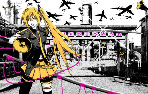 Трубы, завод, катана, галстук, микрофон, vocaloid, Hatsune Miku, вокалоид