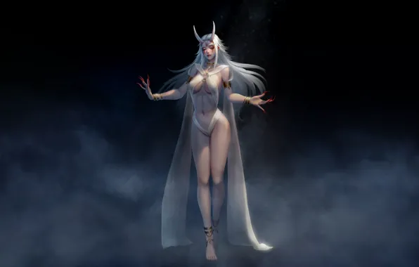 Девушка, Минимализм, Рисунок, Блондинка, Girl, Фон, Демон, Рога