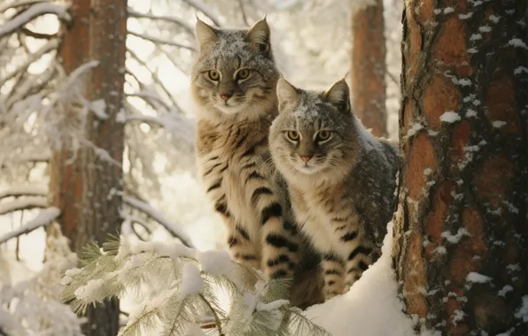 Зима, лес, взгляд, снег, ветки, поза, дерево, рысь