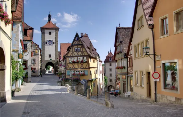 Машины, город, улица, часы, башня, дома, Германия, Rothenburg