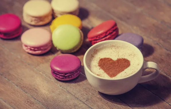Любовь, сердце, кофе, молоко, печенье, чашка, сладости, love