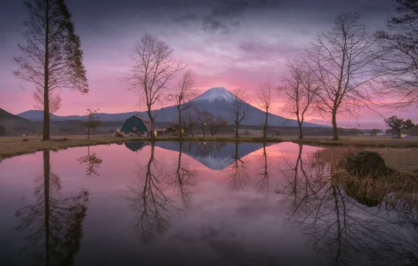 Вода, озеро, отражение, вечер, утро, Япония, гора Фуджи, Фудзияма