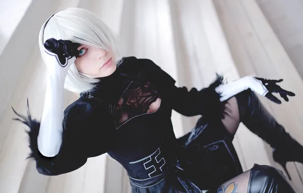 Картинка cosplay, white hair, closeup, black clothing, Nier Automata, video game characters, purple-bitch