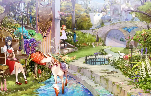Картинка парк, девочки, аниме, фонтан