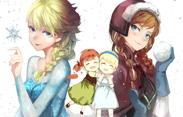 Картинка снег, девушки, арт, объятия, белый фон, снежинка, frozen, disney