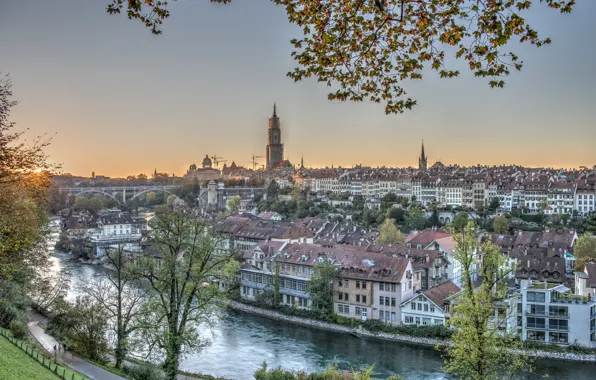 Река, здания, Швейцария, панорама, Switzerland, Берн, Bern