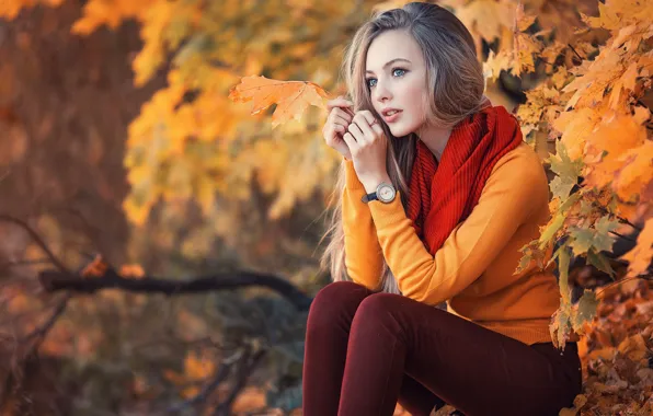 Картинка осень, девушка, листва
