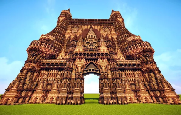 Поле, небо, трава, блоки, собор, архитектура, строение, Minecraft