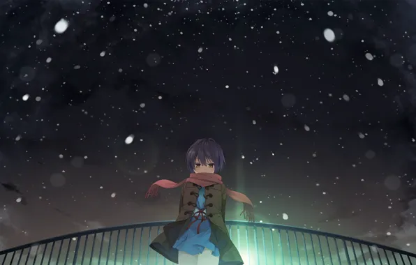 Картинка девушка, снег, ночь, аниме, арт, The Melancholy of Haruhi Suzumiya, меланхолия харухи судзумии, Suzumiya Haruhi …