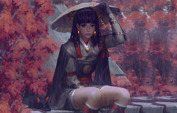 Картинка дождь, шляпа, доспехи, Япония, art, Guweiz, женщина-воин, осенние деревья