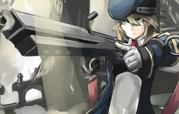 Картинка девушка, пистолет, оружие, шапка, арт, форма, пули, blazblue