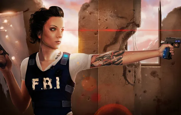 Картинка девушка, пистолеты, татуировка, Арт, бронежилет, FBI, лазерный прицел