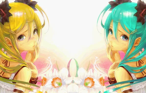 Взгляд, девушка, цветы, отражение, арт, vocaloid, hatsune miku