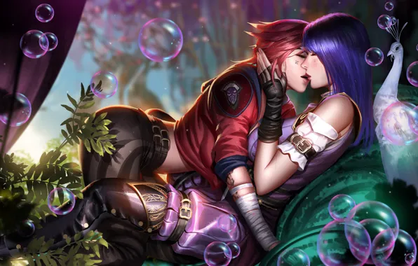 Птицы, пузыри, девушки, поцелуй, League of Legends, Caitlyn