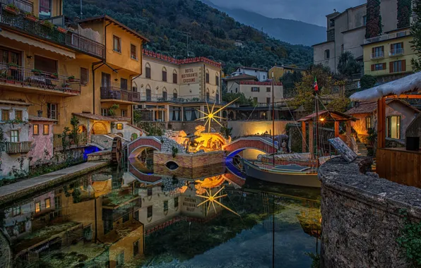 Озеро, отражение, лодка, здания, дома, Италия, мостики, Italy
