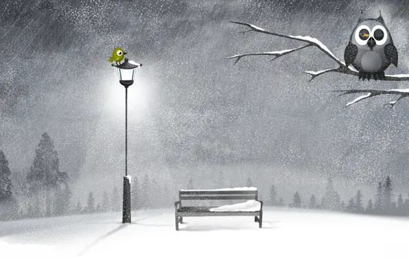 Картинка зима, снег, ночь, дерево, сова, лавочка, фонарь, птичка