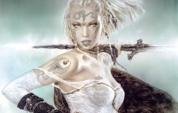 Girl, sword, white, fantasy, art, tattoo, hair, princess