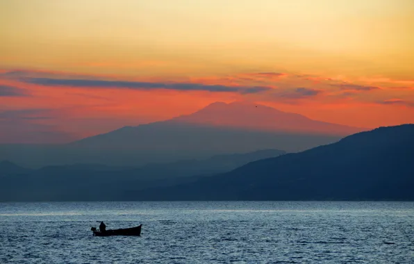 Море, лодка, вулкан, Италия, Этна, Сицилия
