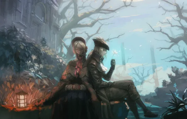 Ночь, девушки, луна, арт, bloodborne