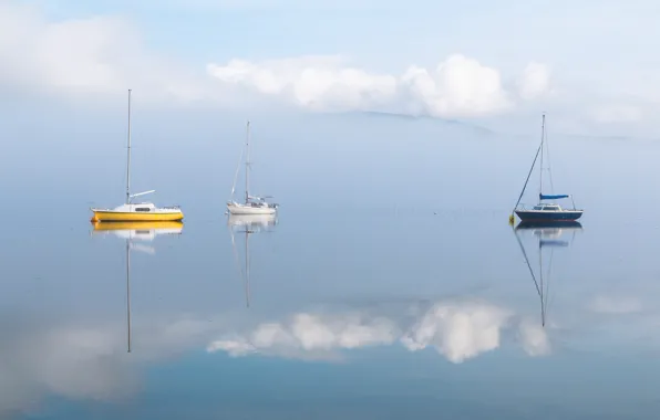 Море, облака, озеро, отражение, лодка, яхта