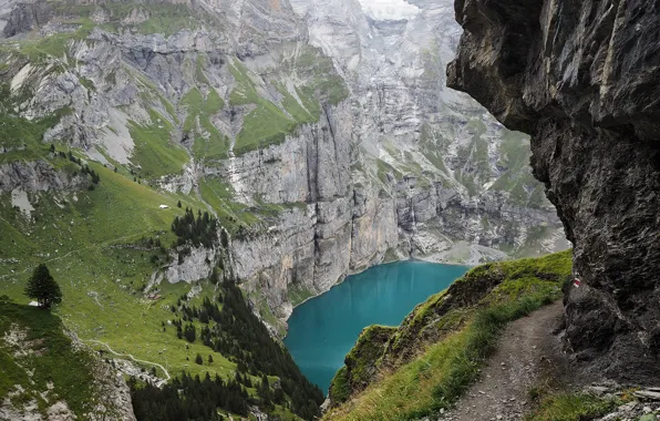 Горы, тропа, Switzerland, водоём, Озеро Oeschinensee