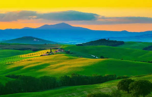 Картинка house, sky, trees, field, landscape, Italy, nature, sunset