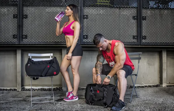 Woman, man, workout, fitness, crossfit, sportswear, protein drinks, labor bodies