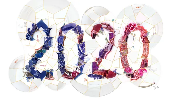 Осколки, цифры, тарелки, год, Kintsugi 2020