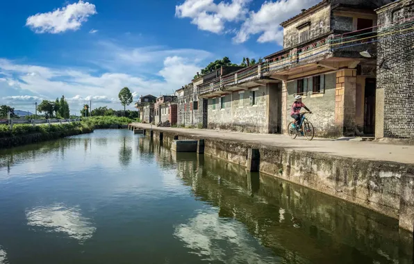 Город, река, China, Китай, велосипедист, bicycle, Sichuan