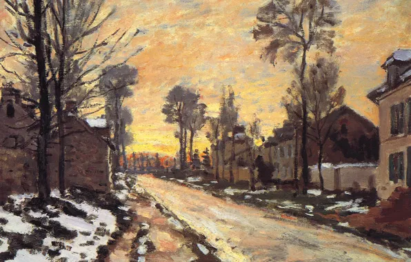 Картинка картина, городской пейзаж, Клод Моне, Road at Louveciennes. Melting Snow. Sunset