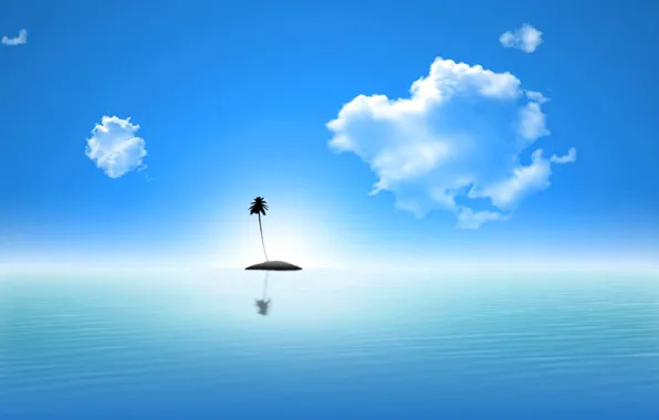 Картинка море, небо, облака, пальма, остров