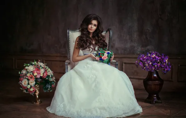 Картинка девушка, цветы, букет, невеста