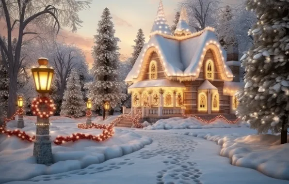 Зима, лес, свет, снег, дом, Рождество, фонари, Новый год
