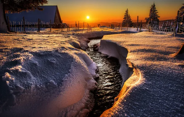 Картинка зима, солнце, снег, пейзаж, закат, природа, дом, ручей