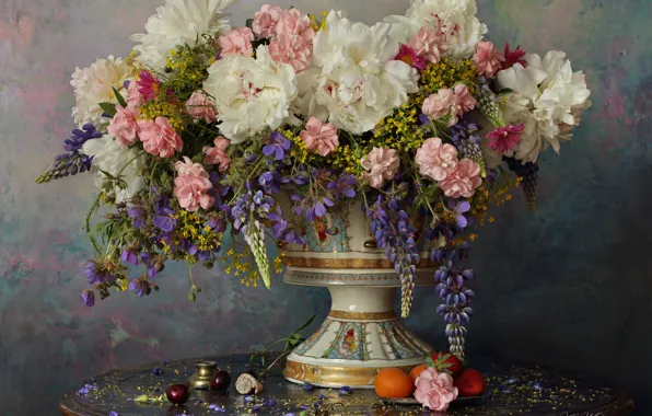 Цветы, стиль, букет, ваза, натюрморт, пионы, люпины, Андрей Морозов