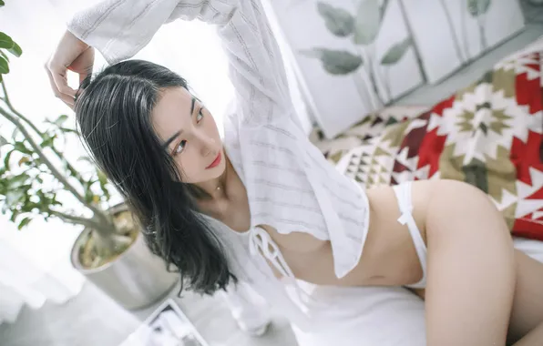 Beautiful, Asian, Model, Bed, Woman, Cute, Pretty, Window
