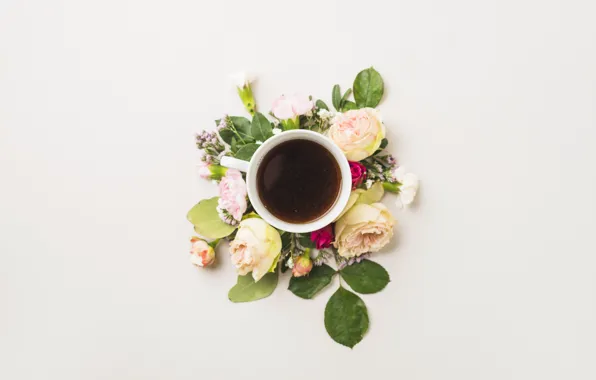 Картинка цветы, кофе, чашка, flower, cup, coffee, decoration, composition