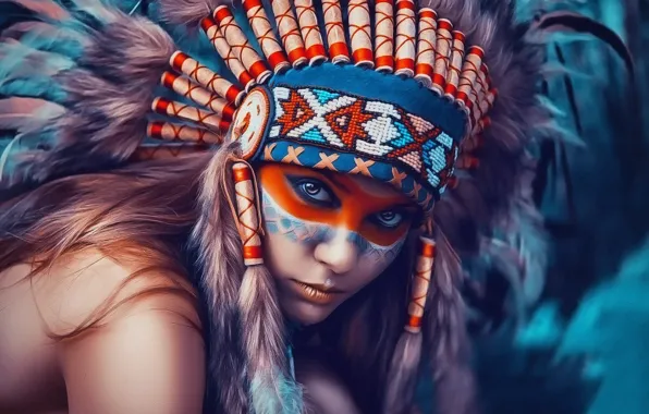 Картинка девушка, портрет, текстура, перья, головной убор, индианка, боевая раскраска, типа картина