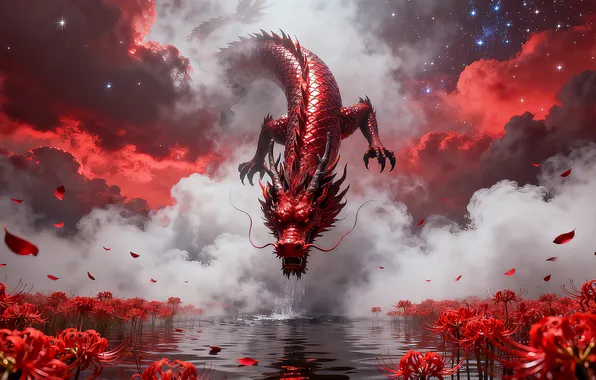 Картинка fantasy, lake, dragons, sky stars