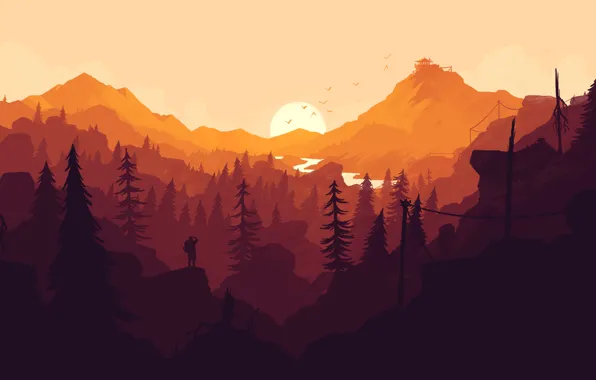 Картинка лес, солнце, закат, оранжевый, игра, человек, цвет, минимализм