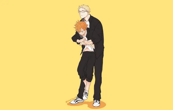 Парни, оранжевый фон, Волейбол, Haikyuu, Хината Сё, Тсукишима Кей