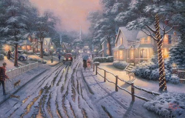Картинка зима, дорога, снег, машины, lights, огни, люди, собака