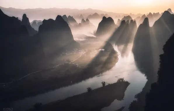 Картинка свет, горы, река, холмы, Китай